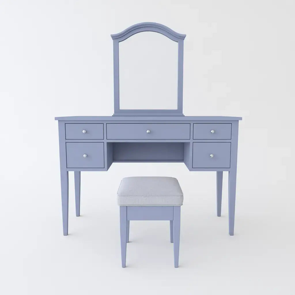 Tocador con espejo arqueado y taburete - azul