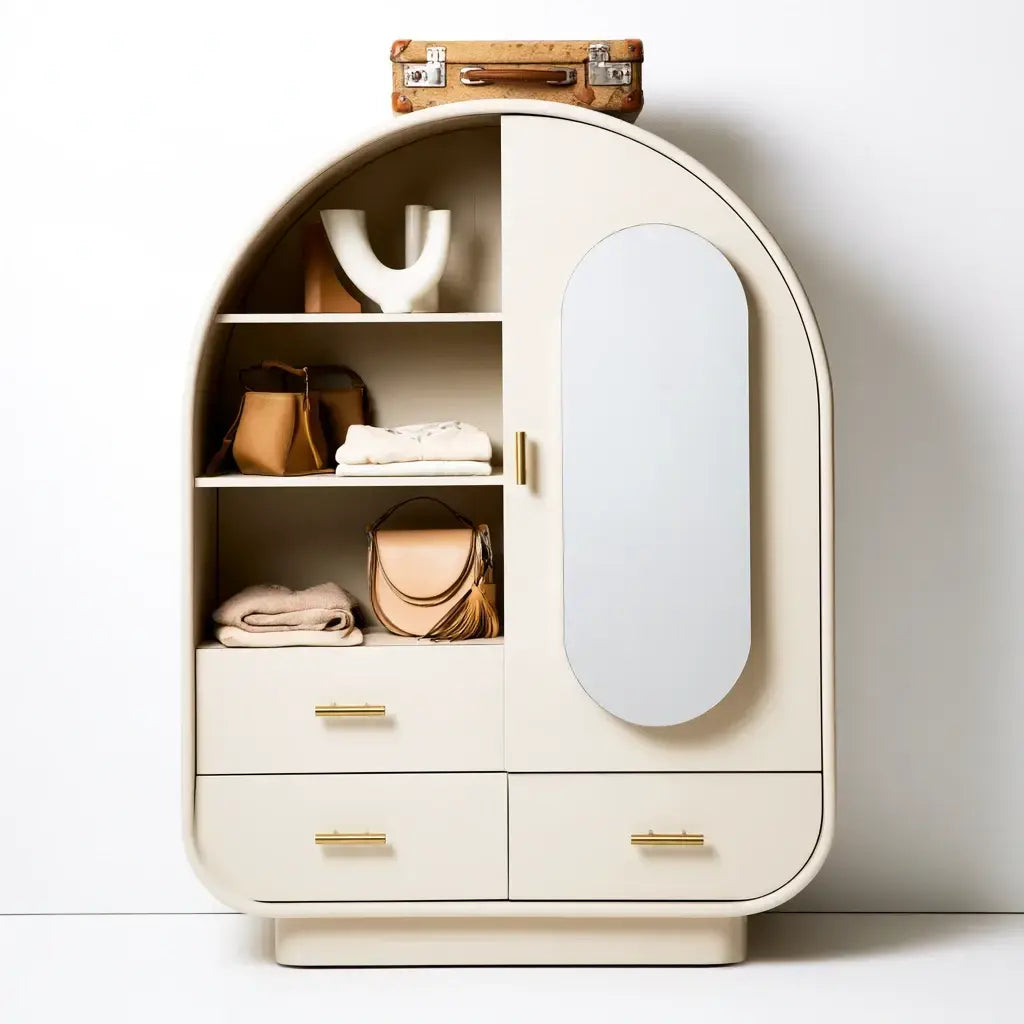 Armario con puerta ovalada y nichos laterales - beige/blanco