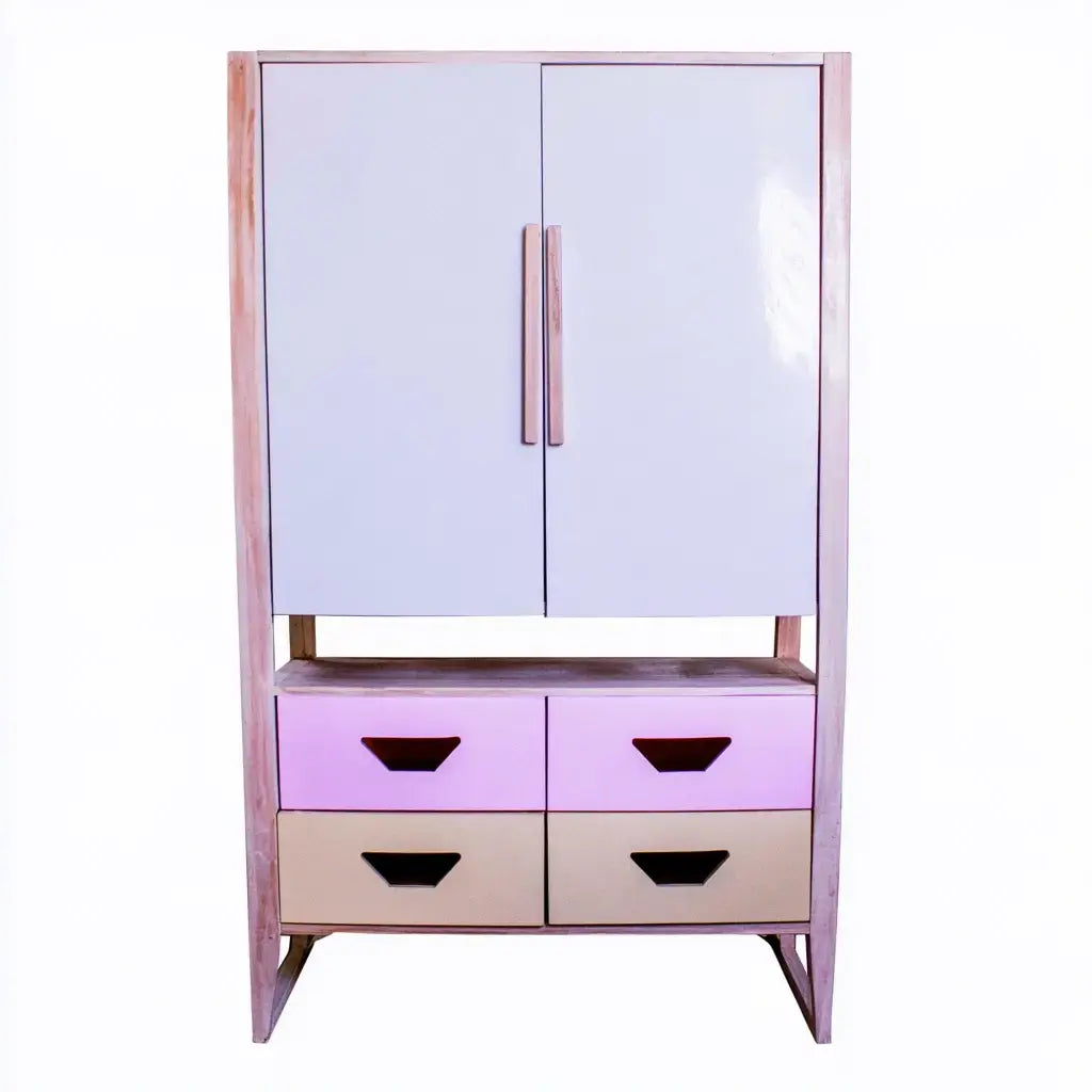 Armario con puertas lisas y cajones recortados - rosa/azul