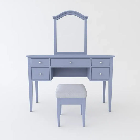 Tocador con espejo arqueado y taburete - azul
