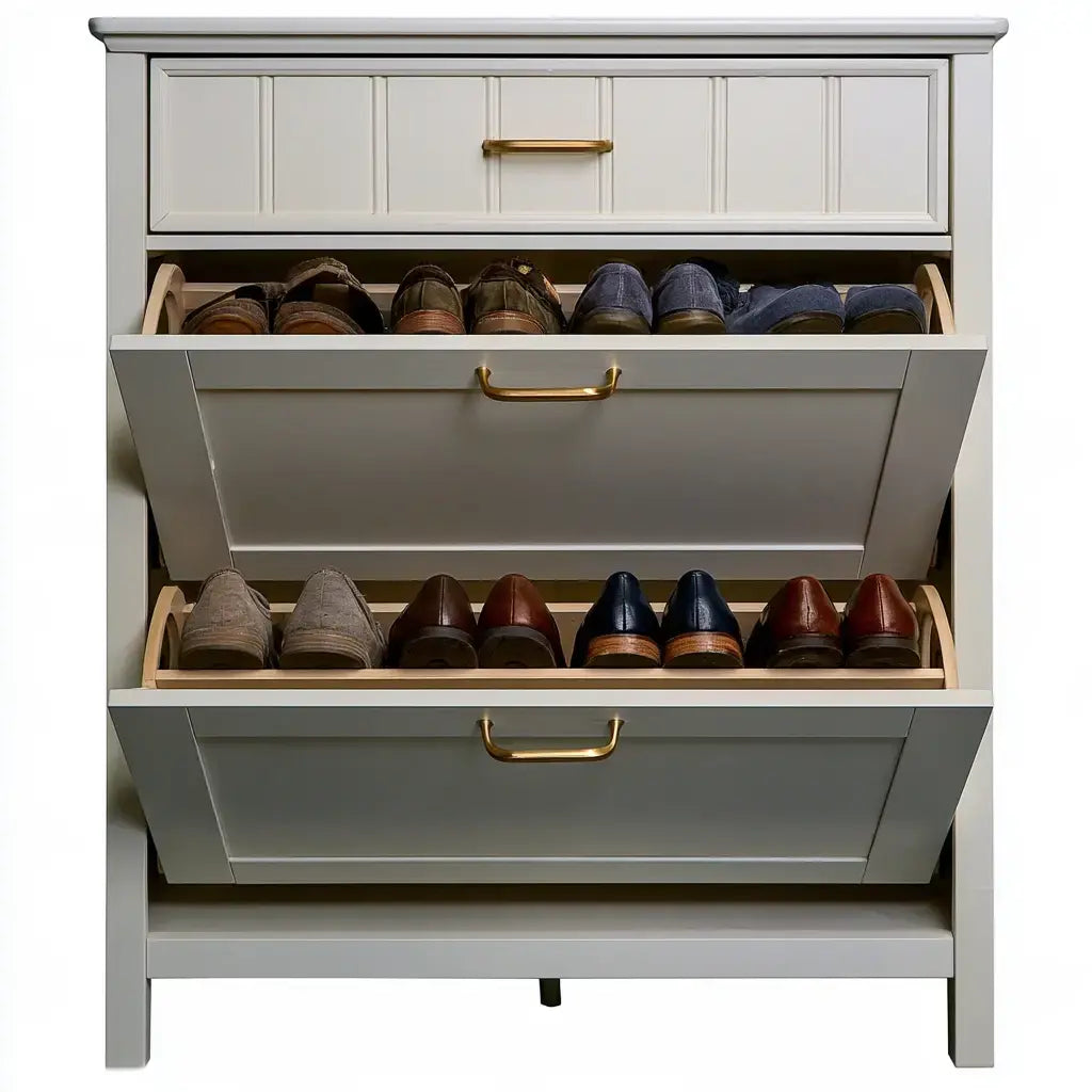 Zapatero con compartimentos abatibles y cajón alto - gris