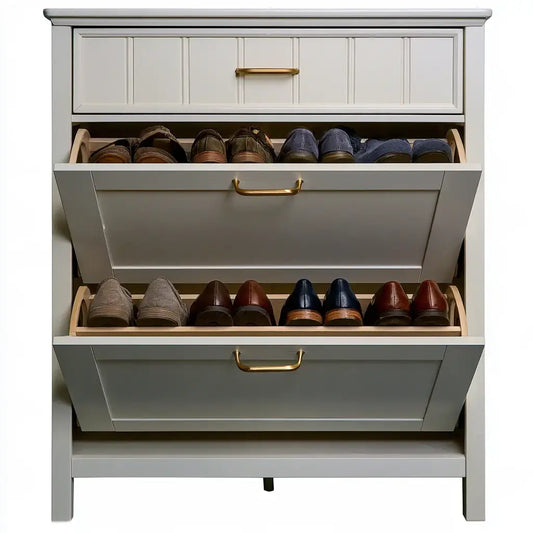 Zapatero con compartimentos abatibles y cajón alto - gris