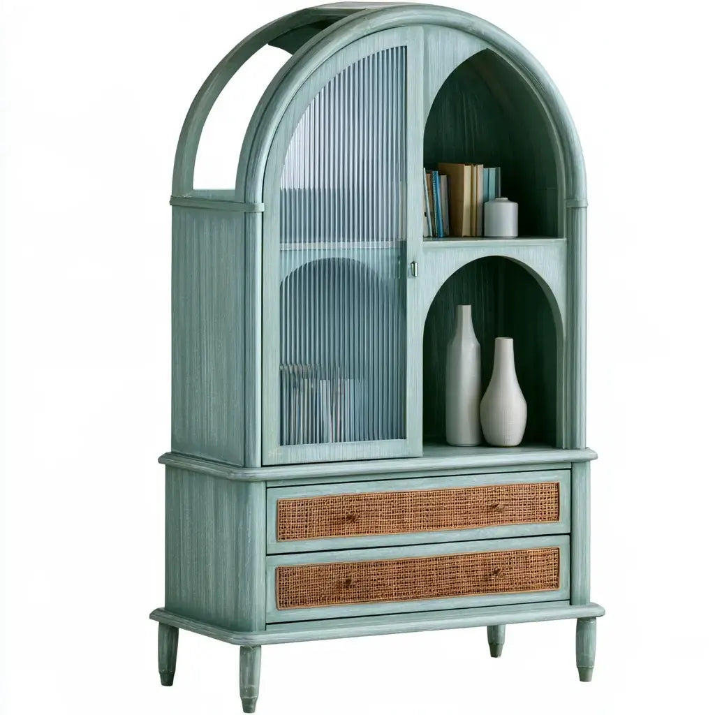 Vitrina con remate arqueado y cajones de rejilla - verde/beige